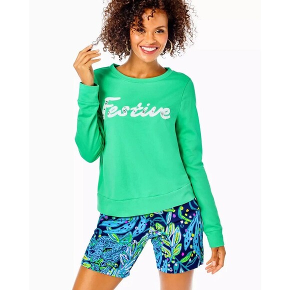 Lilly Pulitzer Rami Sweatshirt Tunic Top Graphic Pullover Beaded S NWD 279050 - Picture 1 of 11